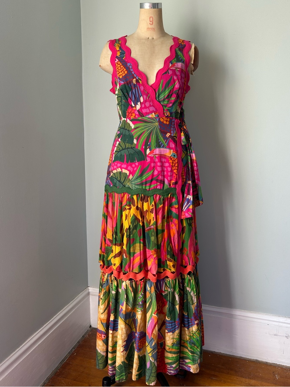 FARM Rio Pink Tropical Scalloped V-Neck Tiered Maxi Dress